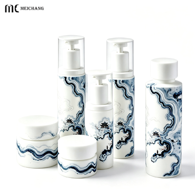 Good price Blue & White Oriental Design Light-Blocking Glass Skincare Bottle with UV Protection Coating and Customizable Decoration online