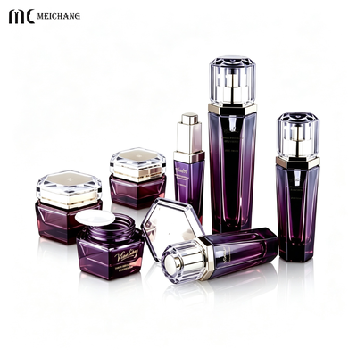 品質 30g/50g/30ml/40ml/110ml 六角形ガラススキンケアパッケージセット – ハイエンドテック スキンケア用人間工学に基づいた幾何学的なガラスボトル＆クリームジャー (MC-325) 工場